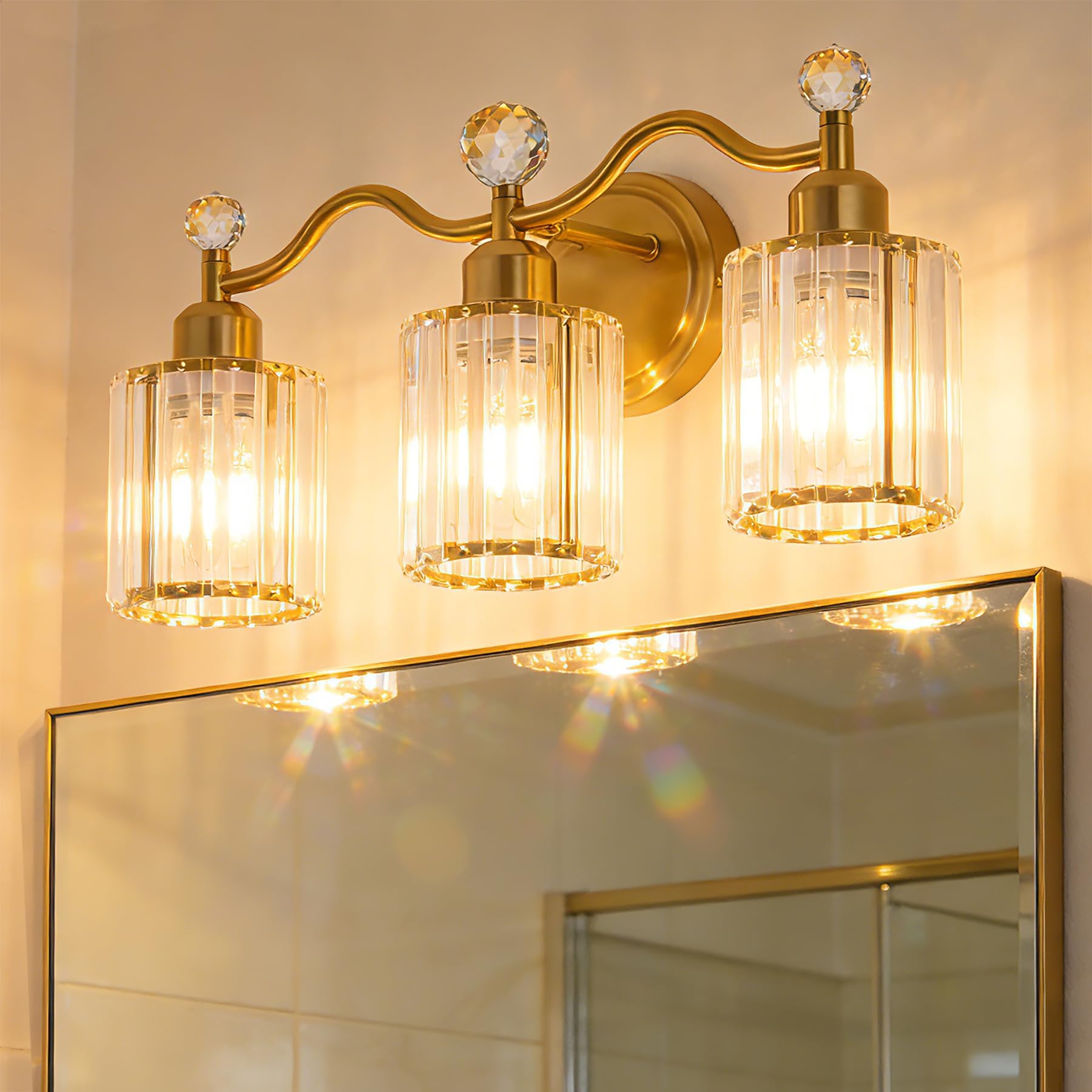 Bathroom Vanity Light Fixtures 3-lights, Gold Crystal Vanity Lights for Bath, Bathroom Lights Fixture with Clear Crystal Glass Shade, Modern Wall Light over Mirror, Wall Sconces Light for Hallway