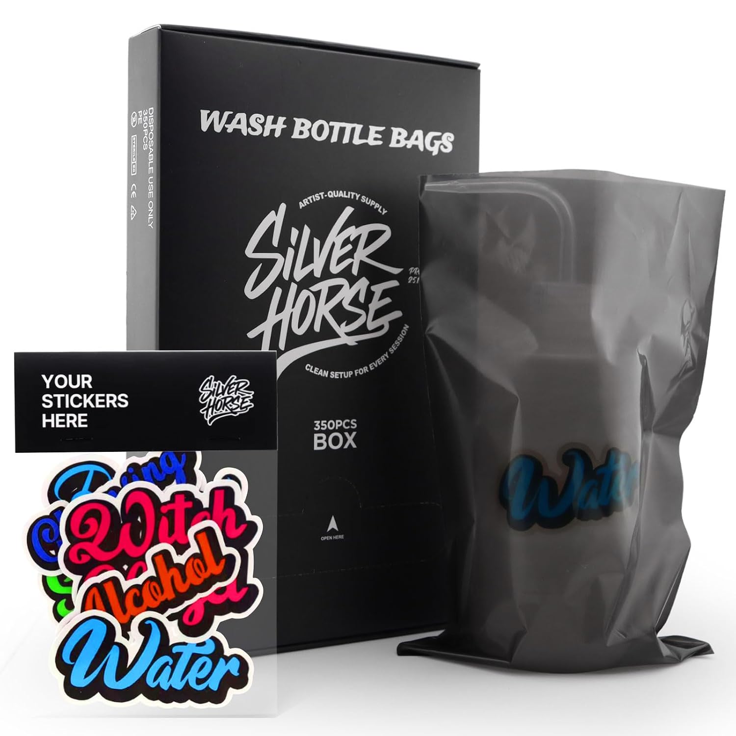 350pcs Wash Bottle Bags with 6pcs Sticker Labels - Tattoo Bottle Bags for 500ml/16.9oz, 6.0×9.4 Inch Plastic Covers, Professional Tattoo Supplies & Accessories (Black)