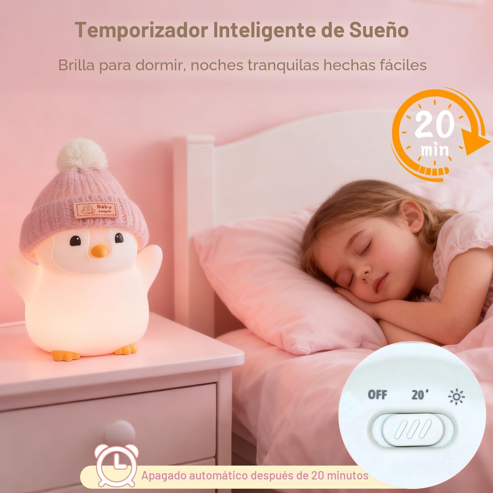 FAMIDUO Luz Nocturna Bebe Pingüino, Luz Nocturna Infantil de Silicona con Control Táctil, LED Recargable Lampara Bebe Noche 20 Minutos Temporizador,Decoración para Dormitorio,Regalo para Bebés y Niños
