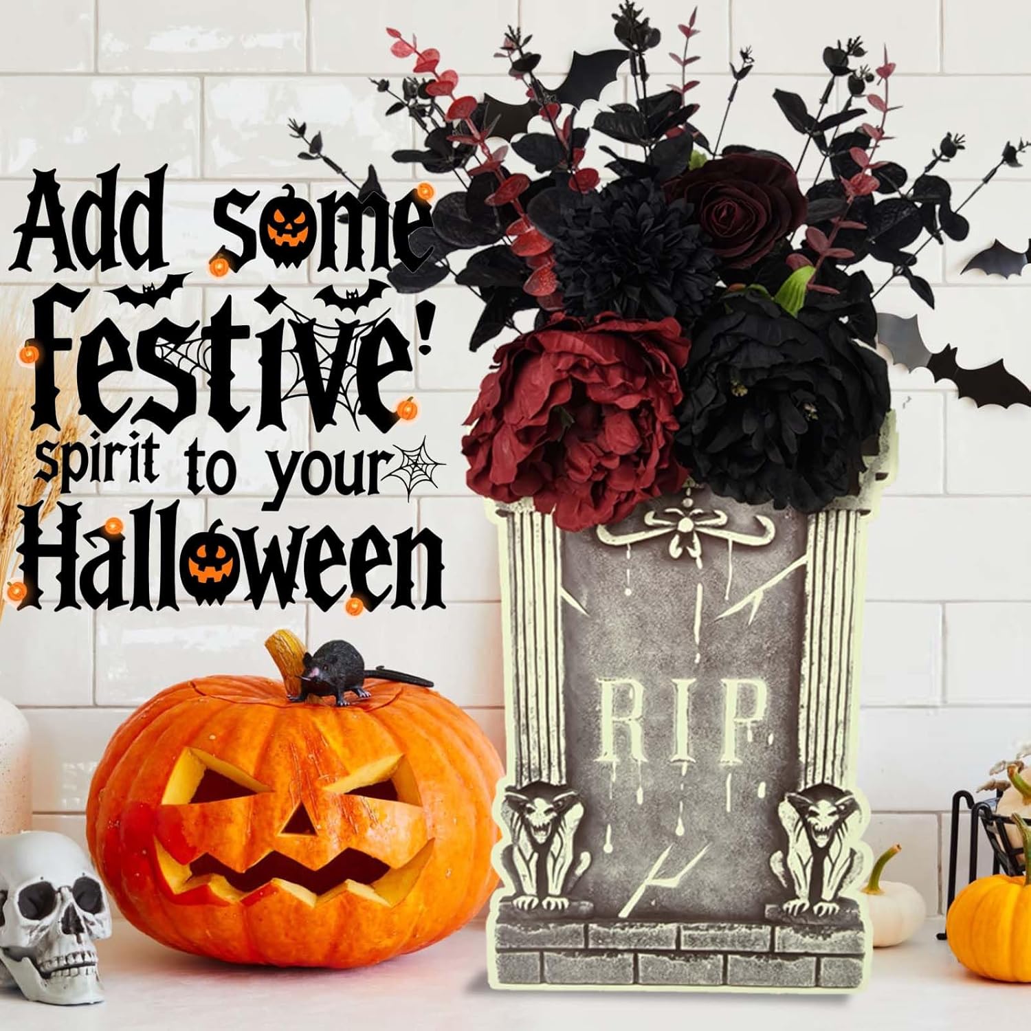 Tinsow 12 Pcs Spooky Halloween Flower Bouquet Set,Realistic Black and Red Artificial Flowers for Creepy Centerpieces,Eerie Gothic Decor, Haunted House, Party Table Arrangements - Image 7