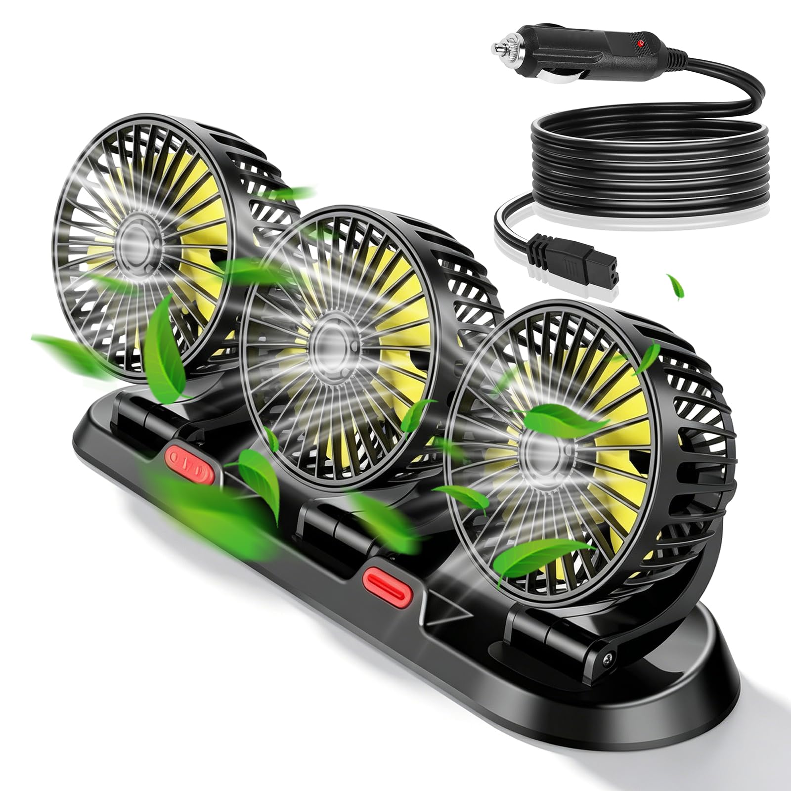 Ventilateur de voiture à trois têtes : ventilateur 12 V 3 vitesses, ventilateur de voiture universel avec ventouse, peu de bruit, ventilateur d'été pour voiture, camionnette, SUV, RV, bateau
