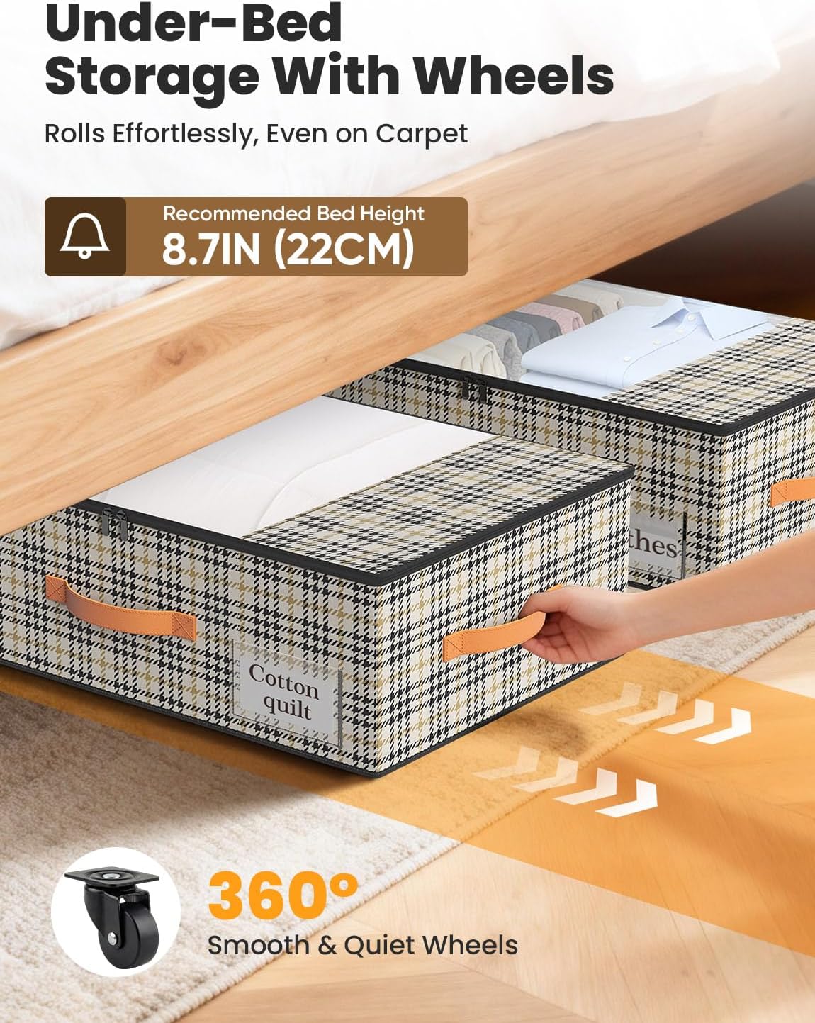 2-Pack Under Bed Storage Bins with Wheels and 4 Vacuum Seal Bags, Heavy Duty 80lbs Capacity,7.9" Height Clear Lid Organizer for Dorm Bedroom Clothes Shoes Toys,Quick Assembly Space Saver Houndstooth