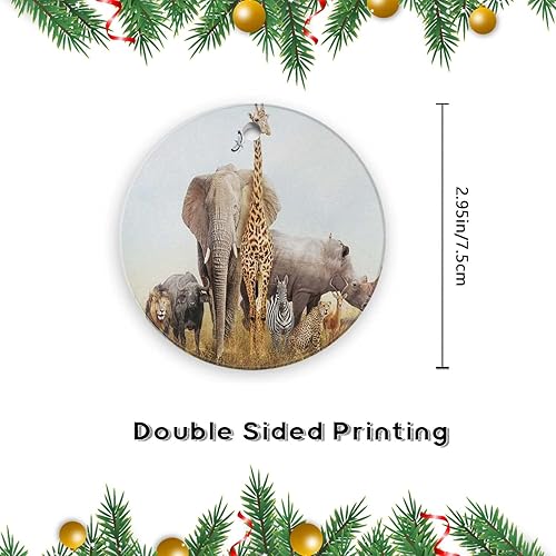 Miniatura 3 de Adornos de Navidad 2022, regalo de Navidad, impreso en ambos lados, elefante africano, jirafa, cebra, tigre, león, pájaro en el bosque