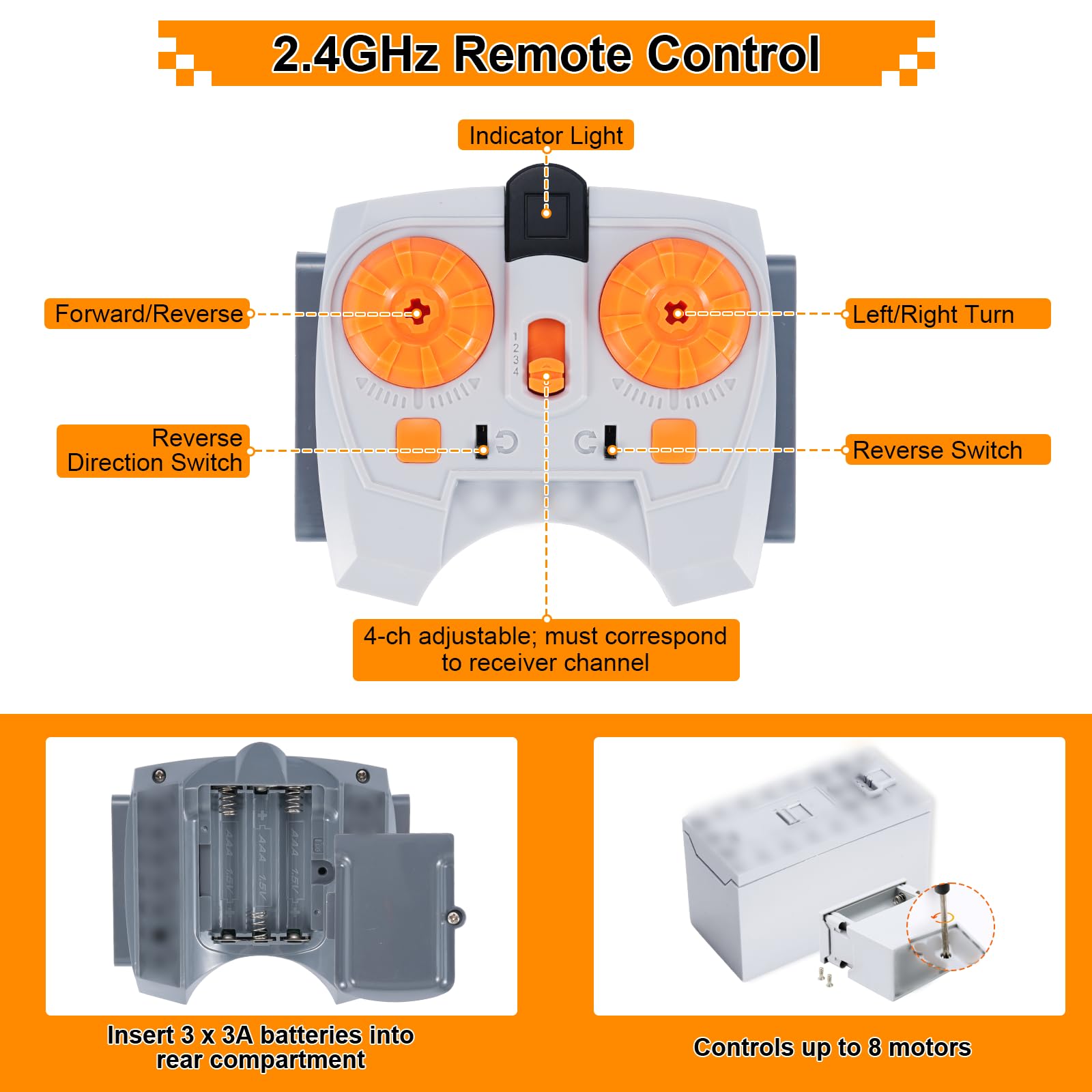 Servomoteur Power Fonction Kit Binghe Lot 11 Moteur kit avec XL/L/M Servo, Servomoteur, Moteur à traction, Télécommande 2,4G, Câble d’Extension, Bande lumineuse, Récepteur, Interrupteur de commande