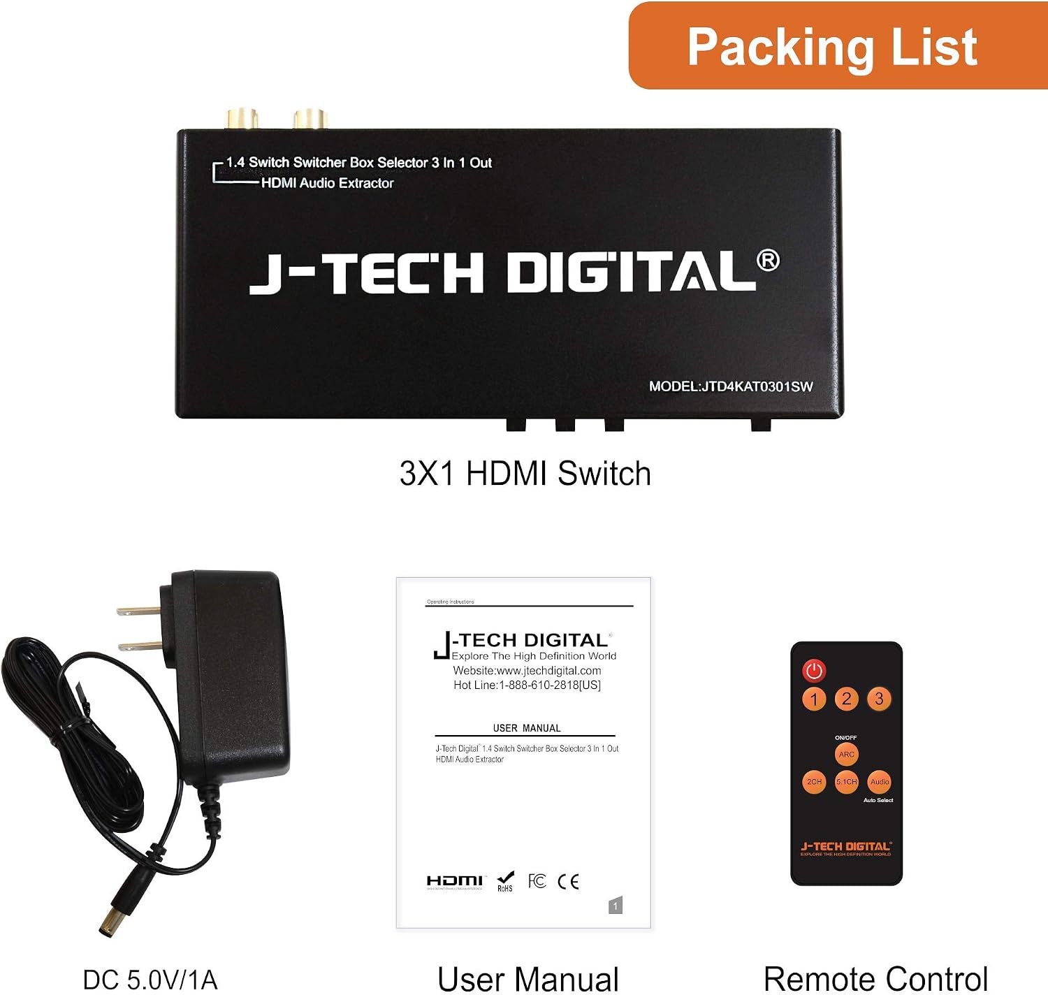 J-Tech Digital HDMI 1.4 Switch Switcher Box Selector 3 in 1 Out Audio Extractor w/Optical SPDIF & RCA L/R Audio Out & IR Control Supports ARC, MHL, 4K, Full 3D, 4kx2k, 1080P (Support Apple TV 4Gen)