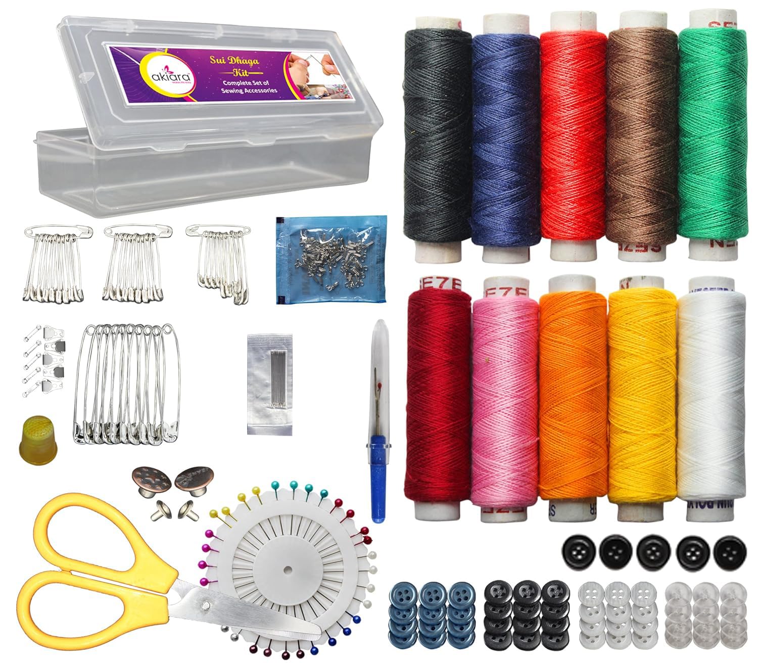 Akiara® 237 PCS Needle and Thread Box | Sui Dhaga Kit |Thread Box Set for Sewing Machine | Sewing Kit Box Repair Set Stitching Kits