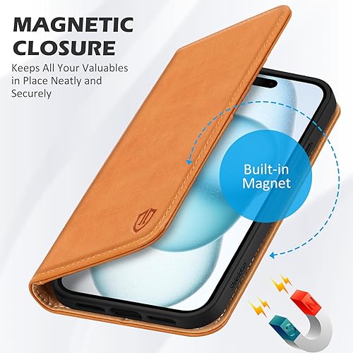 Miniatura 6 de SHIELDON Funda para iPhone 15 5G 2023, piel auténtica para iPhone 15, cartera con función atril, bloqueo RFID, tarjetero magnético a prueba de