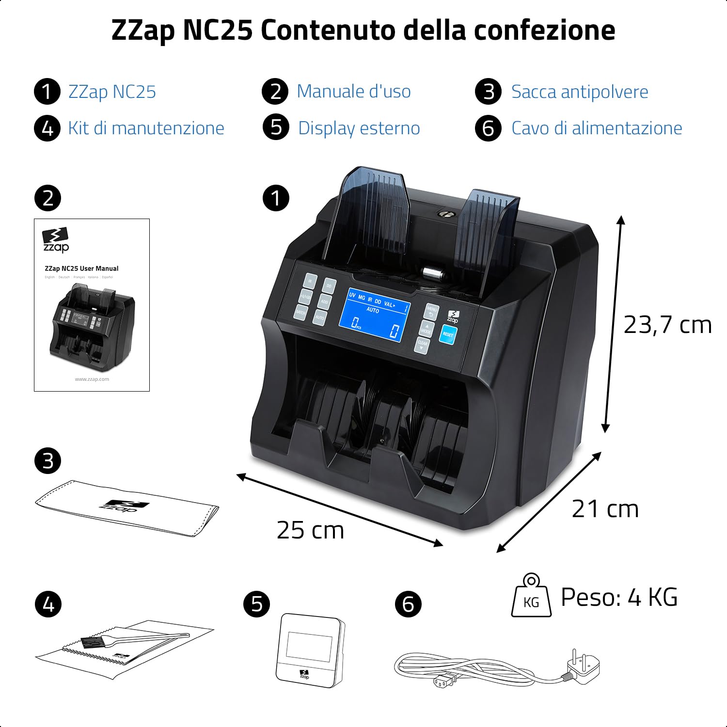ZZap NC25 Contabanconote e Verificatore di Banconote False - Macchina Conta Contanti