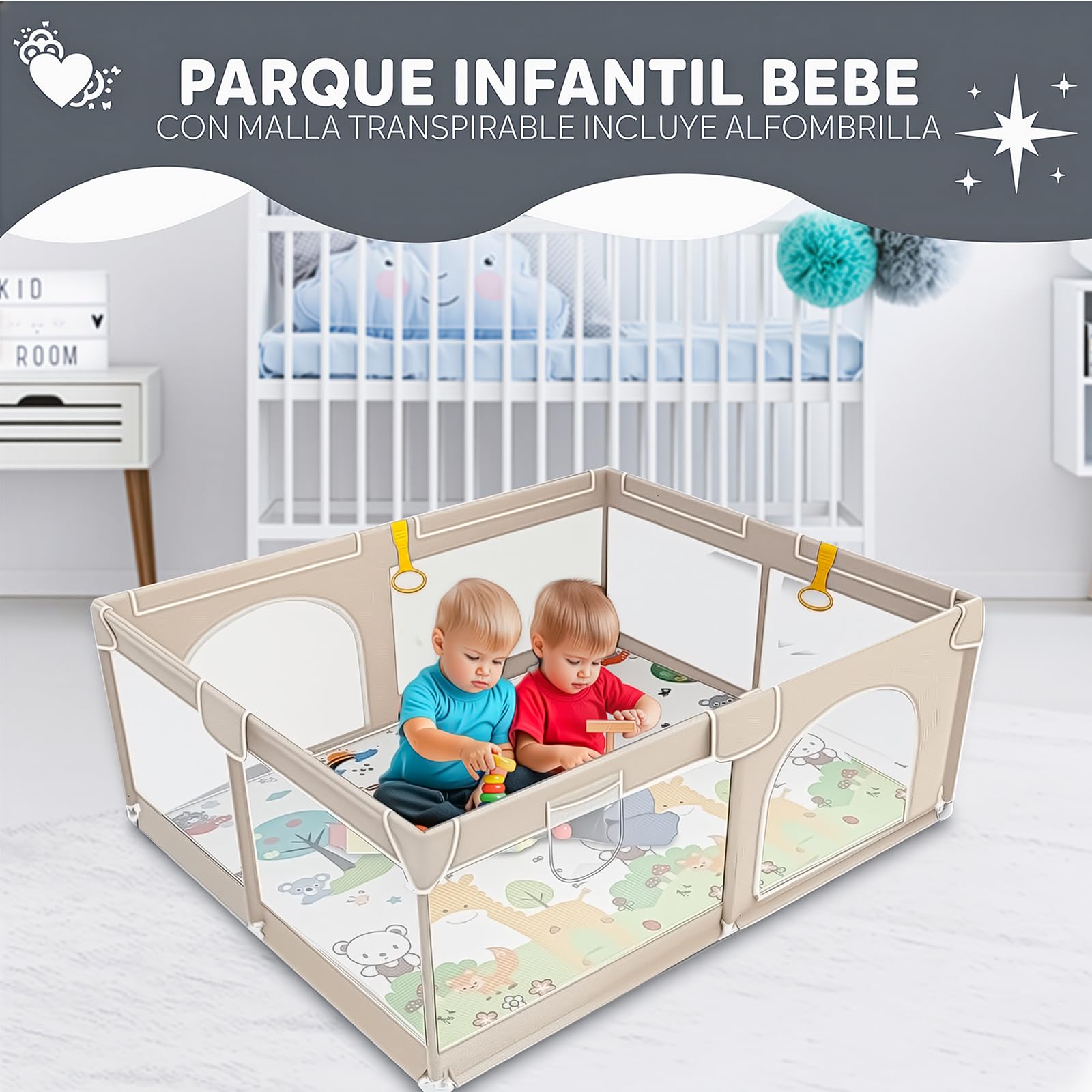 EveryKip® Plac zabaw dla dzieci beżowy 120x120 cm + mata podłogowa + pierścienie + torba do przenoszenia kojec dla dzieci składany oddychający materiał siatkowy dla niemowląt (beżowy)