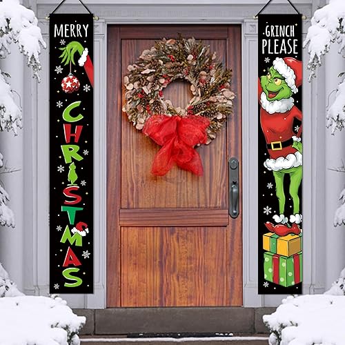 Miniatura 5 de Deroro Cartel de Feliz Navidad para porche, regalos de Navidad, sombrero de Papá Noel, copo de nieve, por favor, puerta delantera, bandera