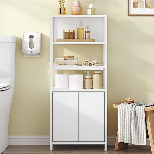 Storage Bathroom Cabinet, Bathroom Floor Cabinet with Doors and Open Shelf, Small Cabinets with Ventilated Metal Grid & Adjustable Shelf, Freestanding Storage Cabinets, White BC42903W
