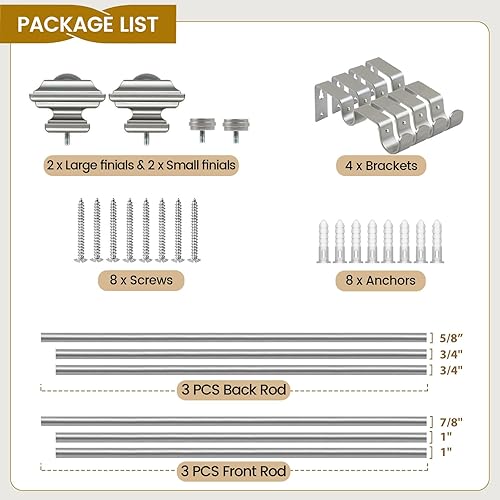 Miniatura 6 de KAMANINA Barras de cortina dobles de 1 pulgada de 72 a 144 pulgadas (6-12 pies), barra de cortina telescópica plateada oscura para ventanas de 69 a