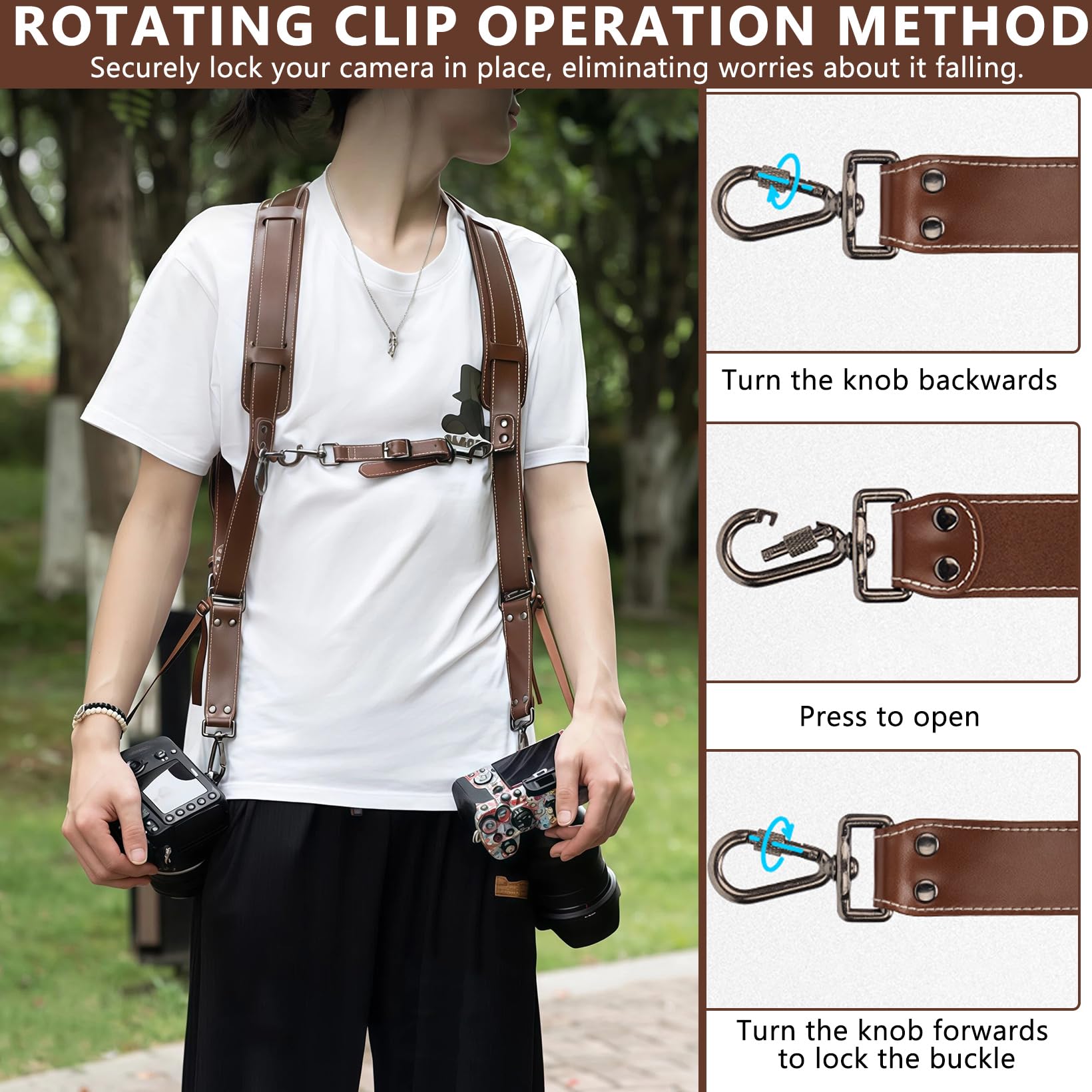 Tracolla per fotocamera, in pelle, accessorio per fotocamera Dual Harness per due fotocamere, doppia tracolla regolabile, doppia fotocamera per fotografi (pelle)