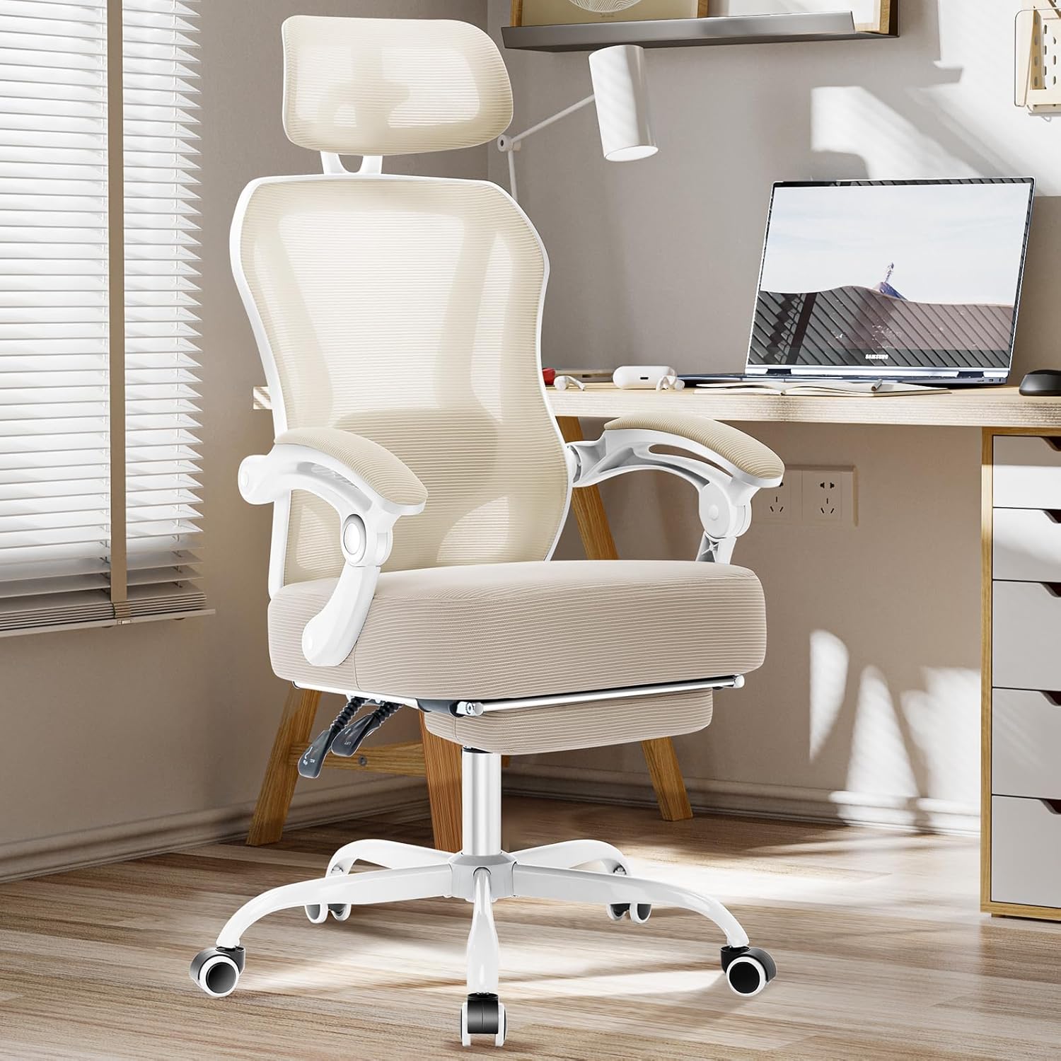 Ergonomic Office Chair with Footrest,Ultra Thick Reclining Desk Chair with Adjustable 2D Lumbar Support and Headrest,Spring Cushion,High Back Premium Mesh Computer Chair,Cream Cream White INCOMPLETE