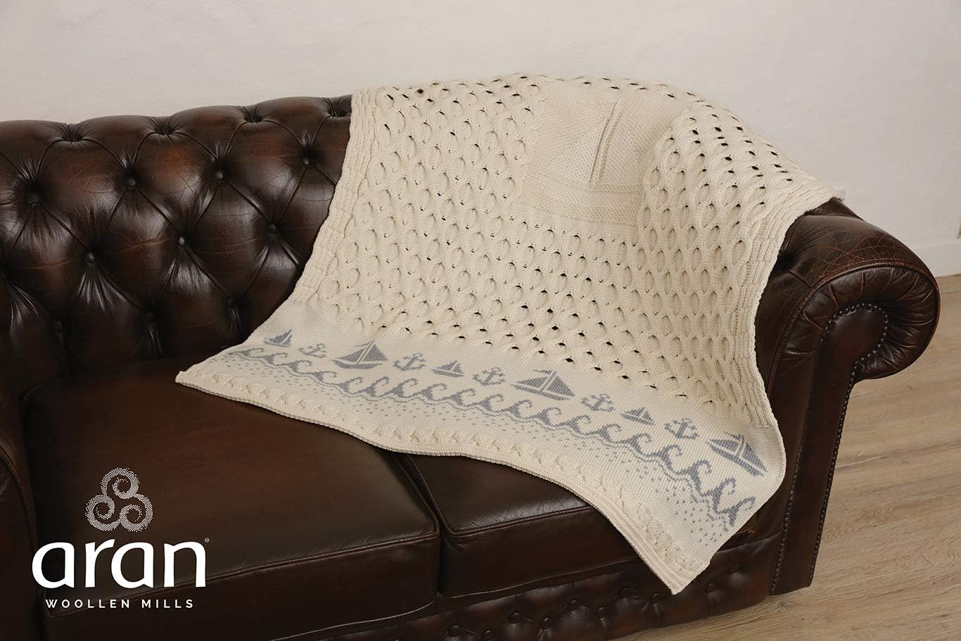 Aran Woollen Mills Irish Blanket 100% Merino Wool Throw Honeycomb Knit Couch Sofa Made in Ireland 42" x 62" Natural