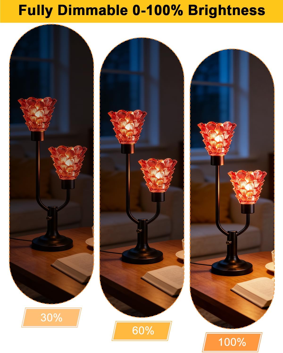 Lightdot Mid Century Modern Glass Table Lamp Dimmable Black Desk Lamp with Thickened Red Shell Glass 3 Bulbs Included 3000K Warmwhite Nightstand Lamp for Bedroom Bedside End Table