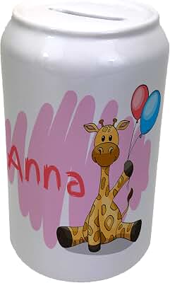 LolaPix Huchas Personalizadas. Huchas Infantiles. Huchas pesonalizadas con Nombre. Regalos Infantiles. Cerámica. Tapón Inferior. Varios diseños. Hucha Lata. Jirafa Rosa