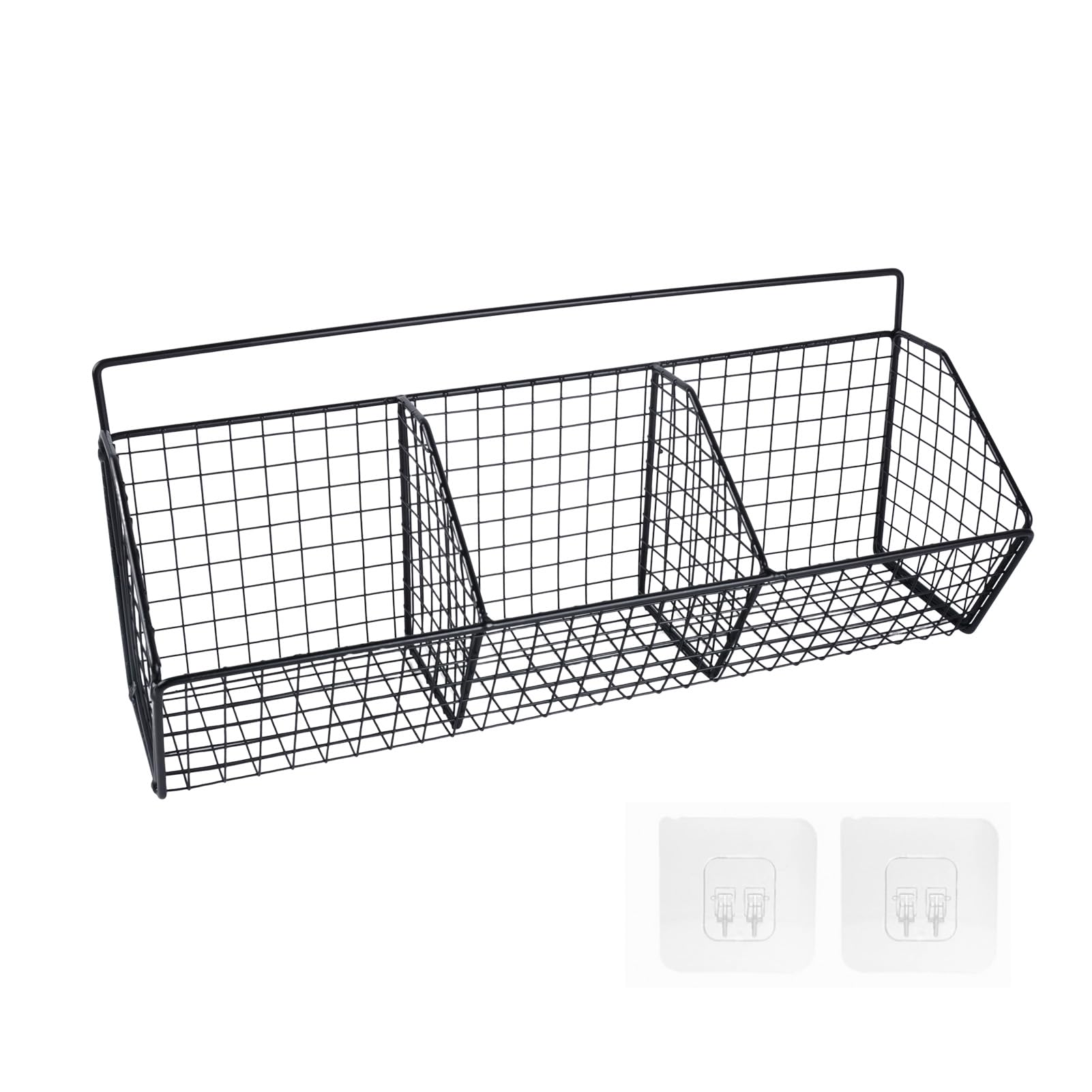 SIGONE 3 Sections Hanging Wire Storage Basket, No Drill Adhesive Wall Mounted Organizer (Black), Ideal for Kitchen Cupboard, Bathroom Shower & Crisp Storage