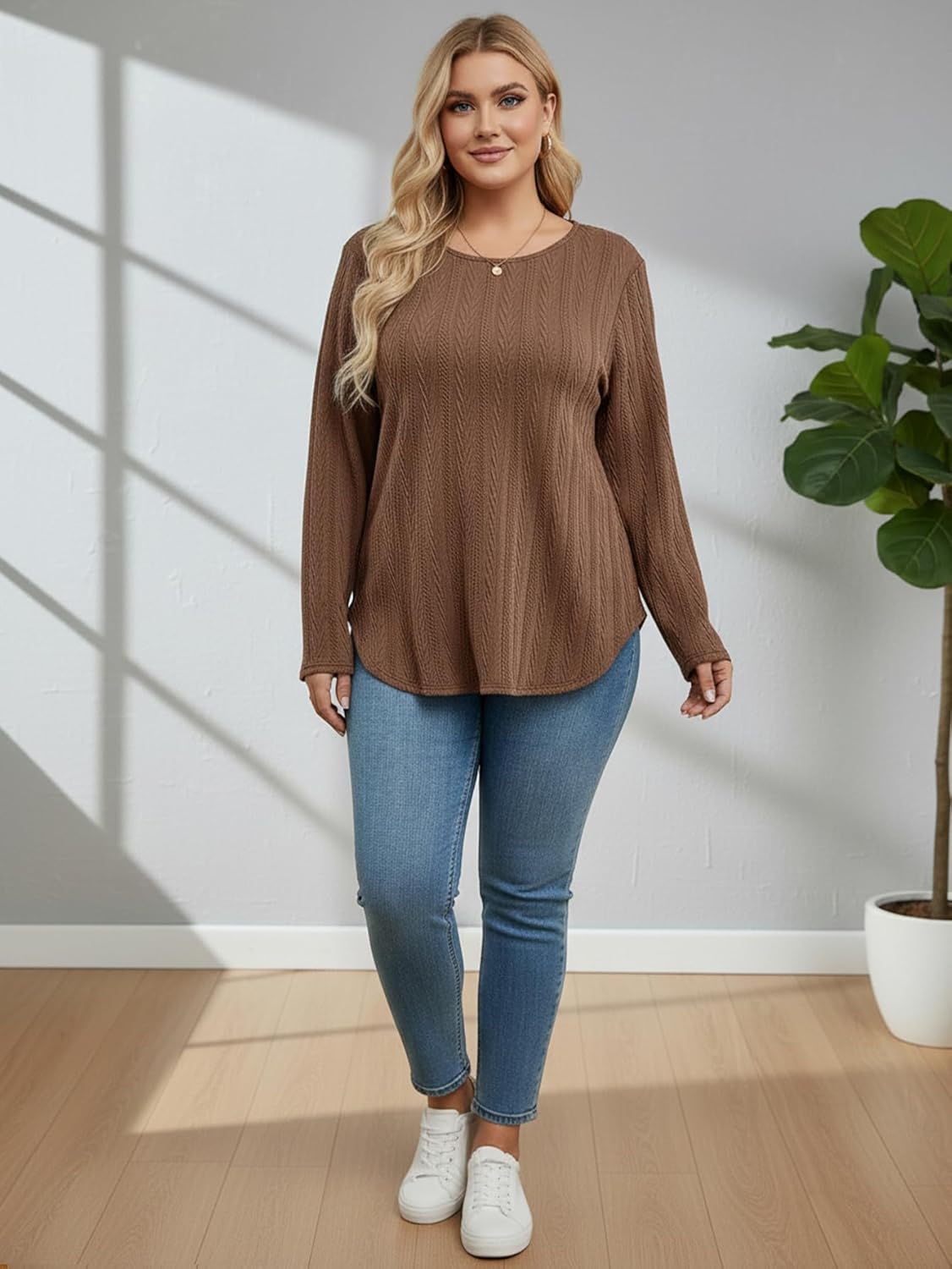 Women's Plus Size Crew Neck T Shirts Fall Long Sleeve Curved Hem Dressy Casual Tops - Image 5