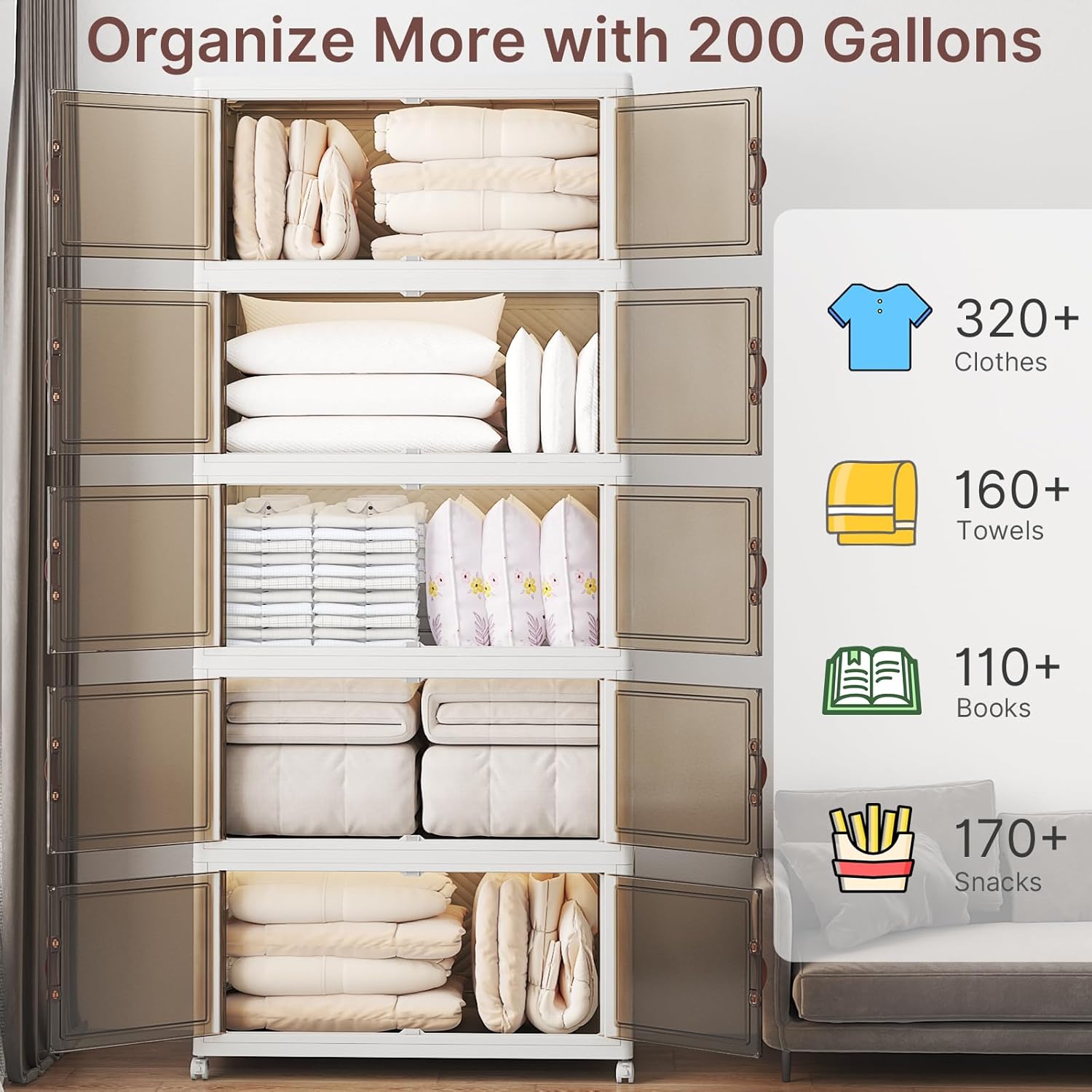 800Qt Stackable Storage Bins with Lids, 5 Pack Large Collapsible Bins with Wheels, Plastic Cabinet with Doors, Foldable Closet Organizers and Storage for Home, Dorm, Office, White