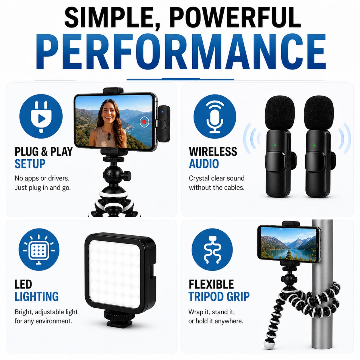Acuvar Treppiede flessibile Vlogging Kit per iPhone, Android e GOPRO con luce LED, supporto per telefono, microfono, telecomando Bluetooth, custodia rigida per live streaming, videochiamate, Vlogging,