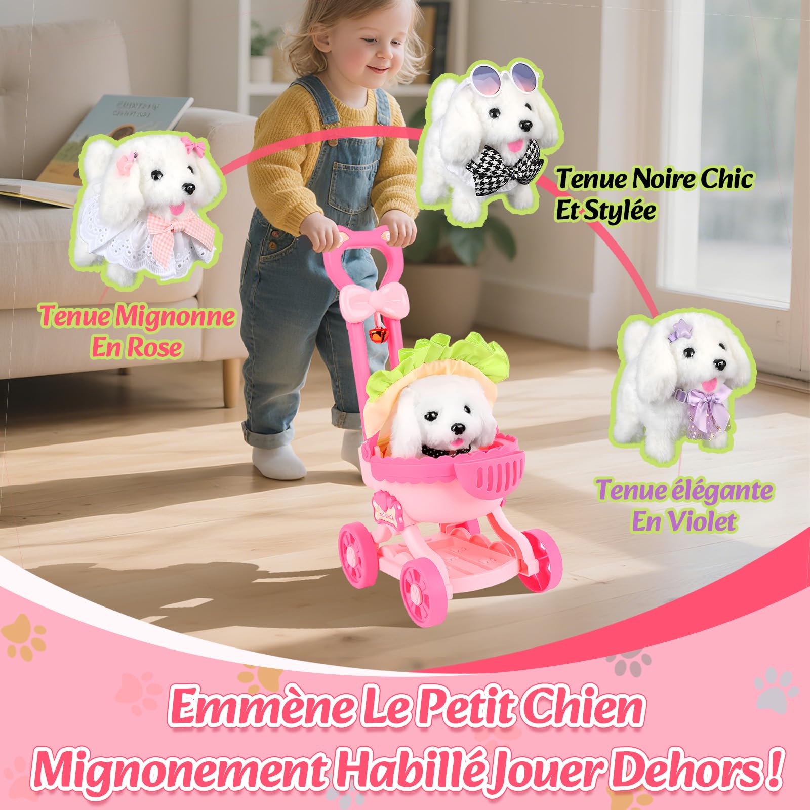 Charmofun Chien Interactif Jouet Enfant avec Poussette Jouet, Electronique Chien Qui Marche et Aboie avec Accessoires, Peluches et Animaux Interactifs Cadeau pour Fille 3 4 5 6 Ans