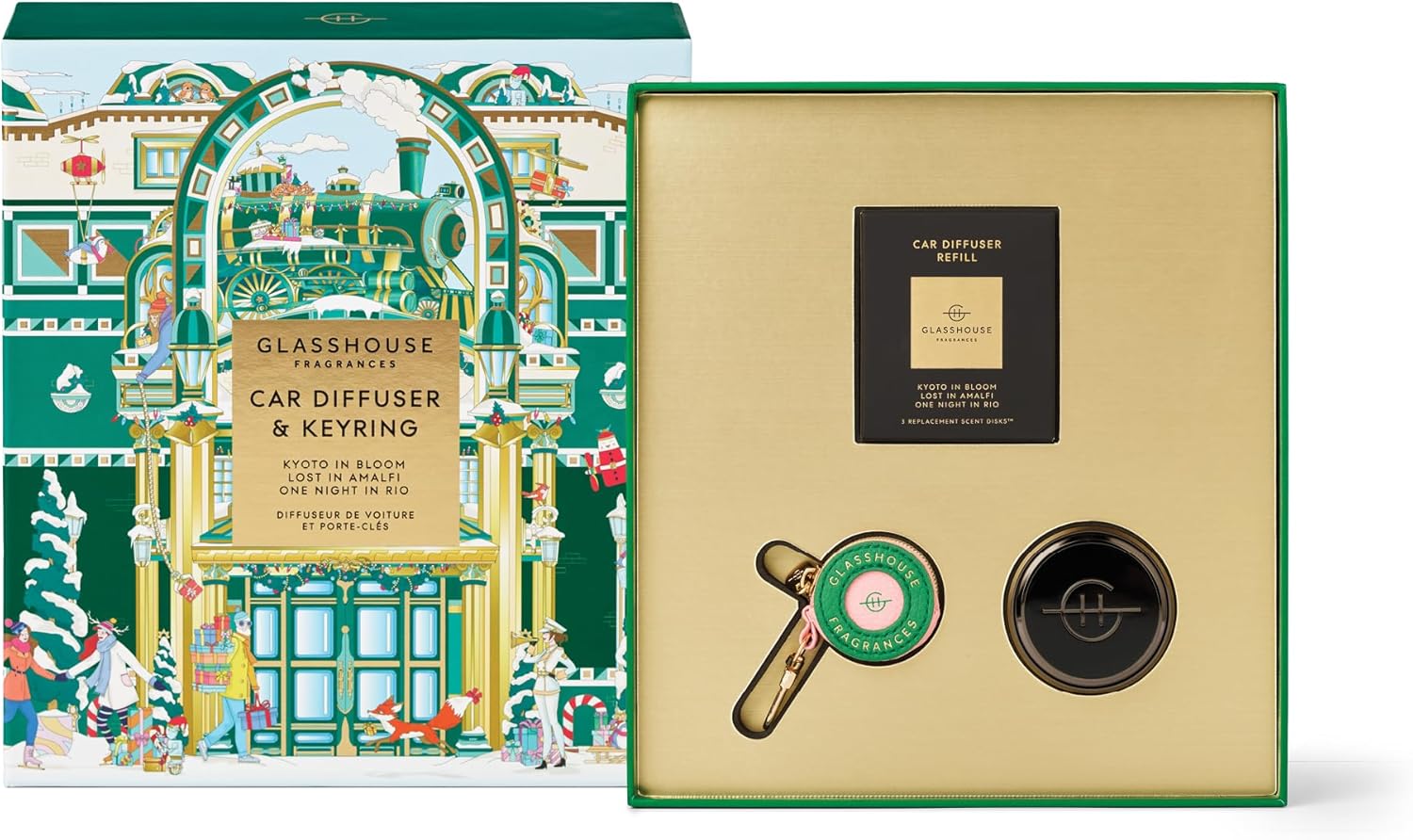 Glasshouse Fragrances Car Diffuser Gift Set - Aroma Diffuser with Assorted Fragrances, Scent Disk - Portable, Adjustable Metal Unit for Vehicle