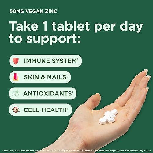 Miniatura 8 de Yuve Vitaminas de zinc veganas naturales de 50 mg, apoyo inmunológico supremo, alivio rápido de resfriados y gripe, piel sin acné, niveles