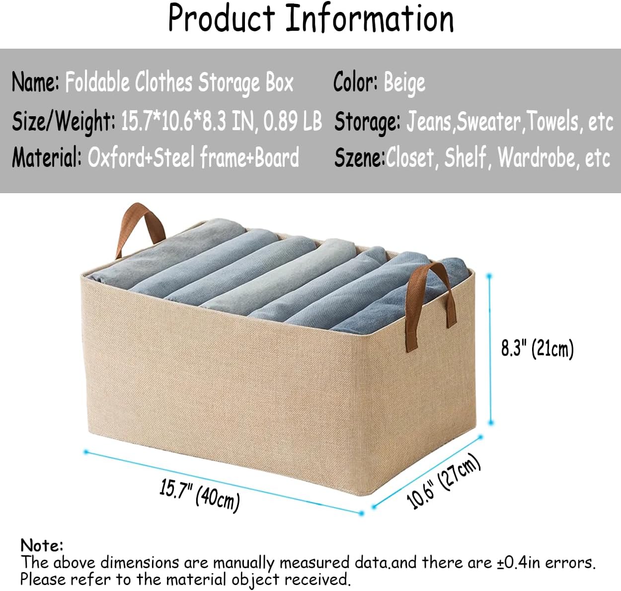 AARAINBOW Linen Closet Organizer Storage Bin with Steel Frame, Stackable Fabric Jeans Baskets for Shelves, 4 Packs Foldable Wardrobe Clothes Box for Sweater Pants Clothing Towel Shirt Felt, 23L Beige - Image 2