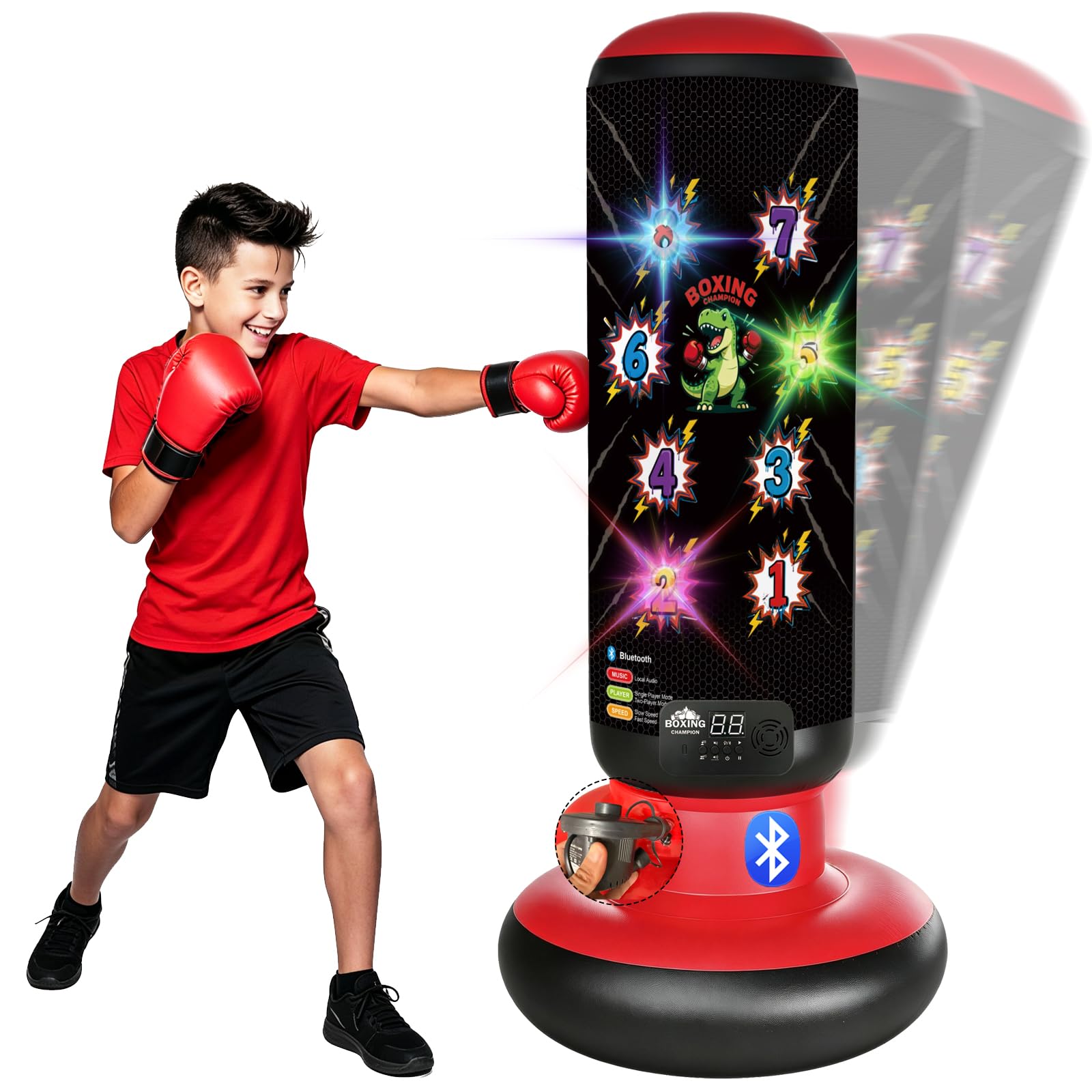 Punching Bag for Kids 63 Inch Stable Inflatable Boxing Bag with Fast Electric Pump Scoring Bluetooth Music LED Lights Gloves Freestanding Toys Birthday Gift for Boys Girls Ages 4-8-12
