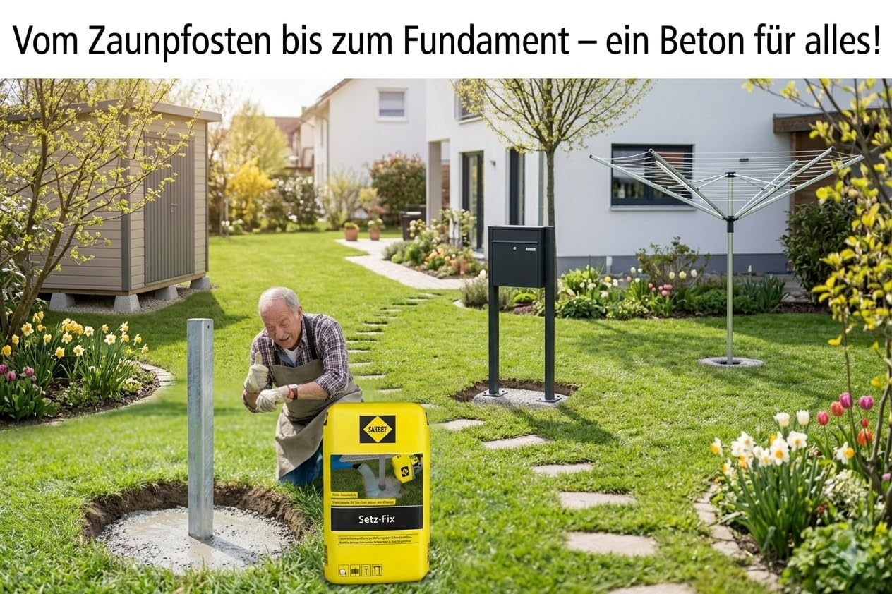 Setz-Fix Schnellbeton 25 kg inkl. Sacköffner | Blitzbeton härtet in 5 Min | Montagebeton für Zaunpfähle, Pfosten & Fundamente | Grau, frostbeständig, Innen & Außen