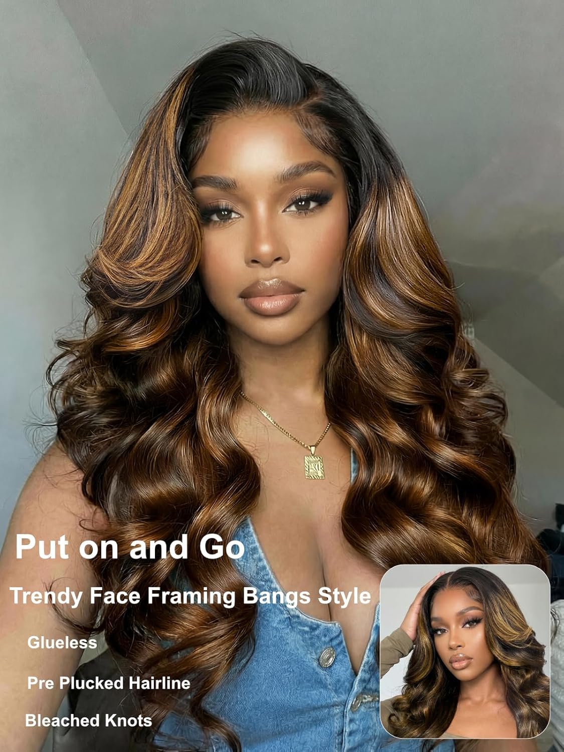UNICE Bye Bye Knots 7x5 Lace Front Wig Human Hair Glueless Drawstring Wigs Balayage Brown Loose Wave Face Framing Layers Curtain Bangs Pre Plucked Pre Cut Bleached Knots 180% Density 18 Inch