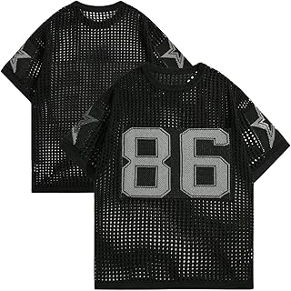 Men's Jersey Shirt Y2k Tops Baggy Crochet Short Sleeve Letter Print Vintage Lightweight Pullover Sweater