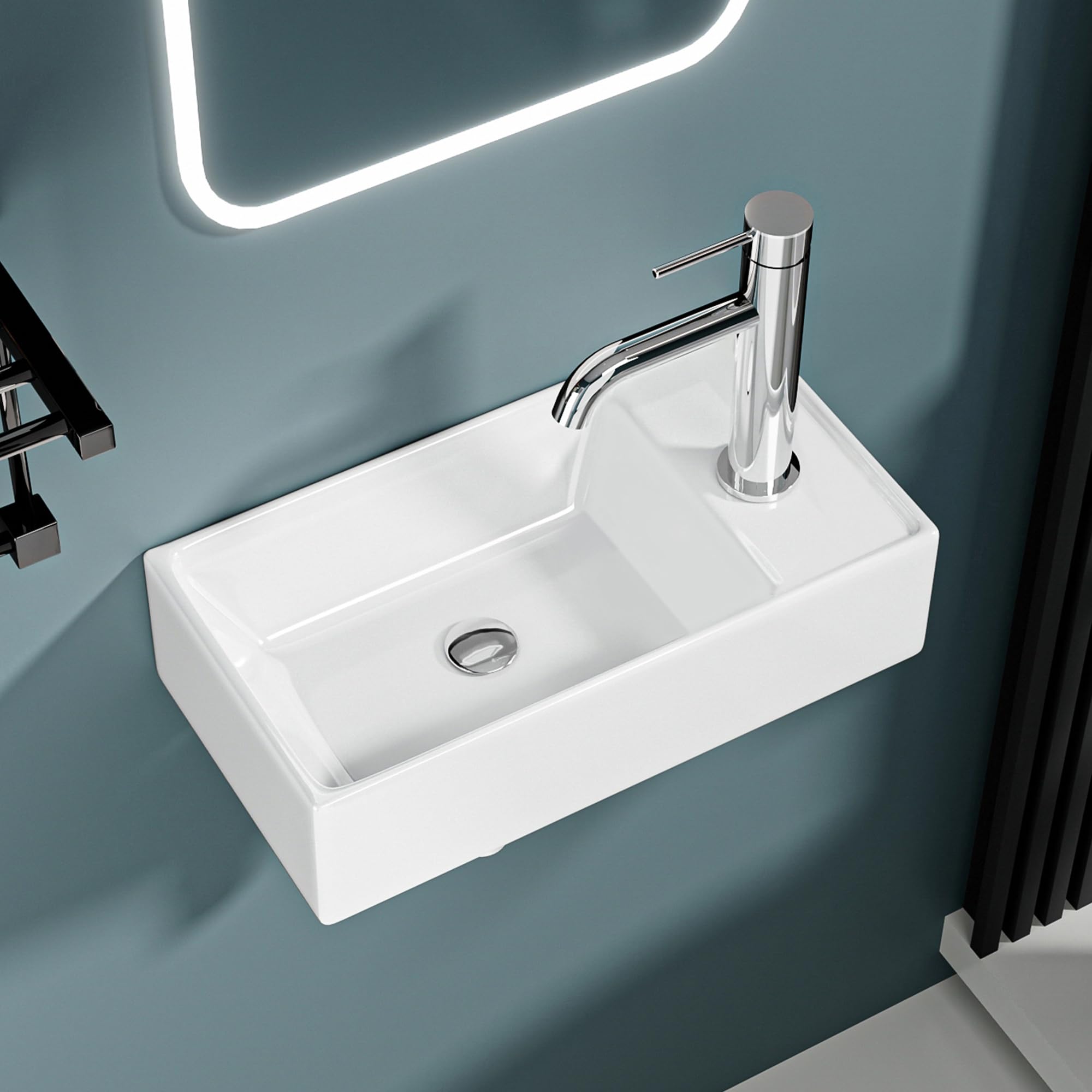 Lavaplatos de mano con borde de salida recta, 41,5 x 22 x 10 cm, lavabo de cerámica blanca brillante, ideal para inodoros y baños de agua, diseño moderno y elegante