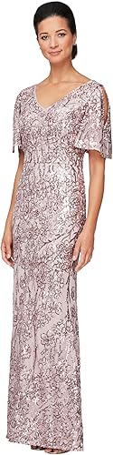 Alex Evenings Women's Long Mother of The Bride Stretch Sequin Dress with Cold Sh