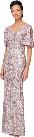 Alex Evenings Women's Long Mother of The Bride Sequin Dress with Cold Shoulder Flutter Sleeves
