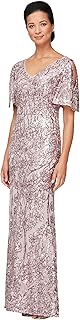 Womens Long Mother of The Bride Sequin Dress with Cold Shoulder Flutter Sleeves (Petite and Regular Sizes)
