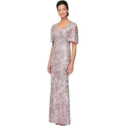 Alex Evenings Womens Long Mother of The Bride Sequin Dress with Cold Shoulder Flutter Sleeves (Petite and Regular Sizes)