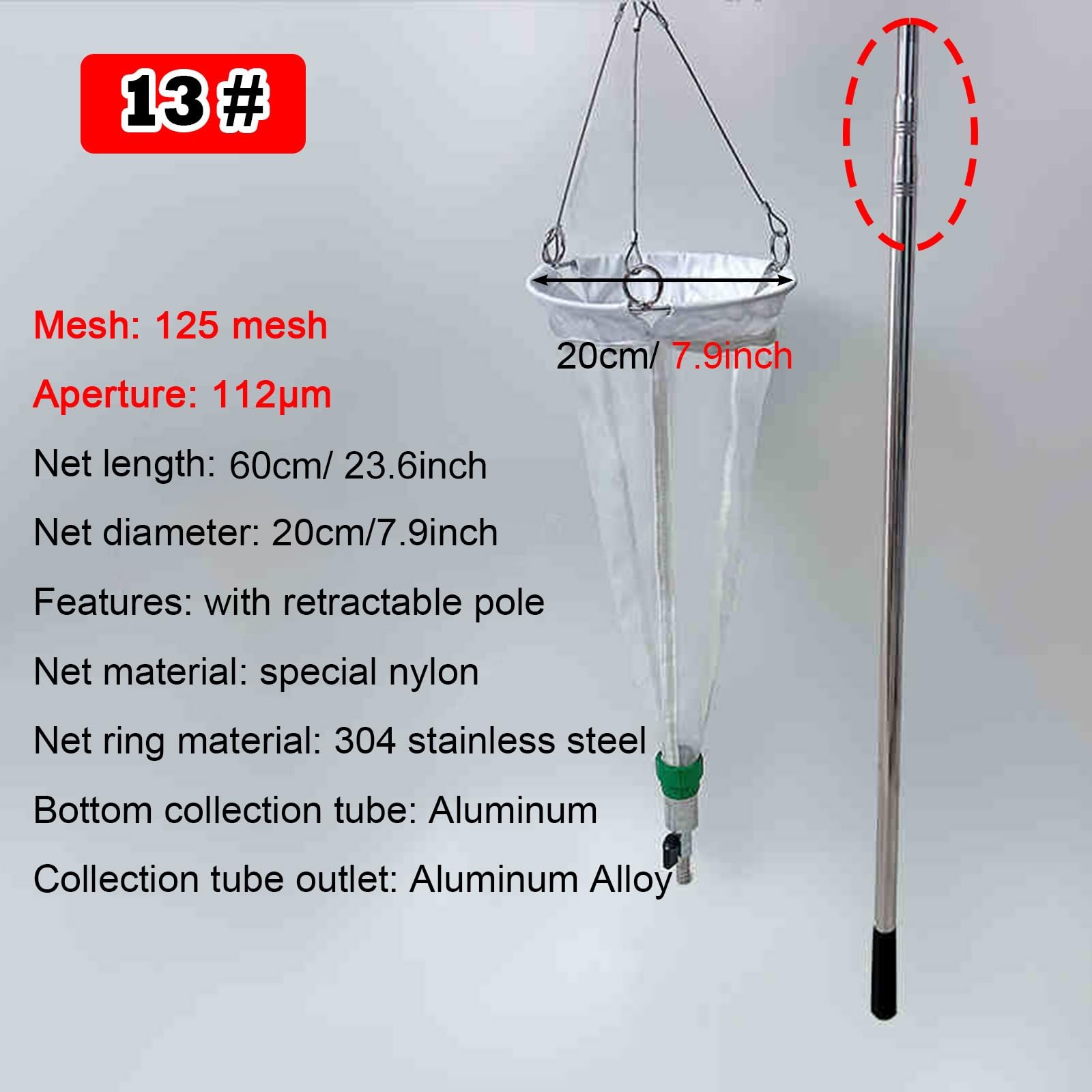 Red para Peces de Acuario, Red de plancton de Malla de 112μm y 64μm con Varilla telescópica de 3M y Abertura de 20cm