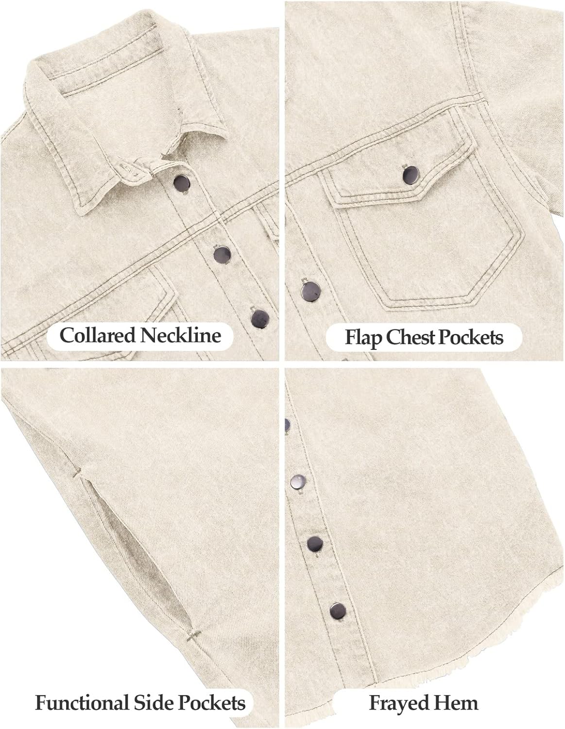 Vetinee Women’s Oversized Button Up Frayed Hem Shacket Long Sleeve Pockets Denim Jean Jacket