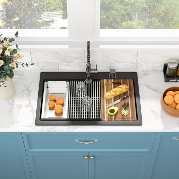 Sarlai Granite Composite Kitchen Sink - 33"x22" Drop In Kitchen Sink Matte Black Ledge 33 Inch Workstation Granite Quartz Composite Top-Mount Single Bowl Sinks Basin with Accessories