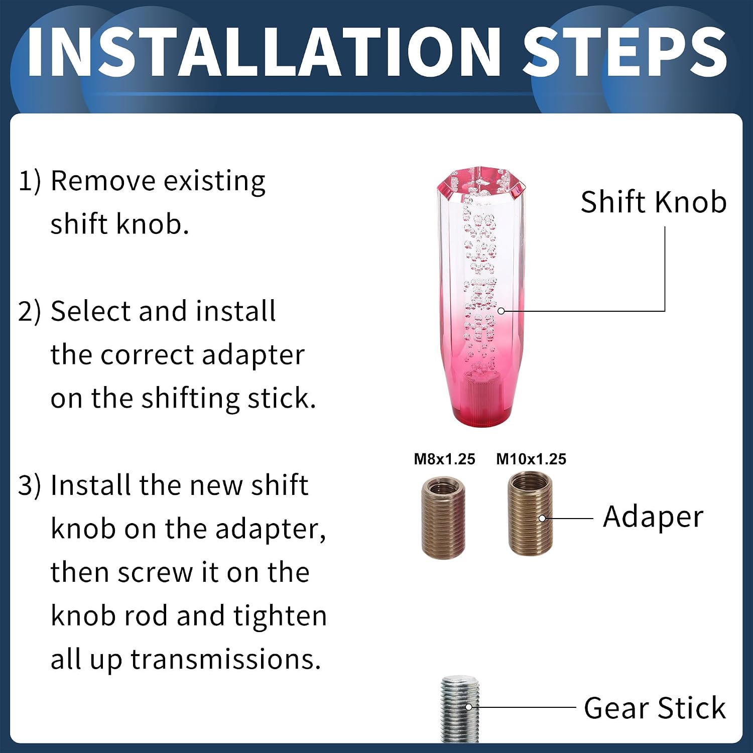 Car Shift Knob, 15cm Universal for Automatic and Manual Vehicle Gear Shifter Knob with 2 Adapter Acrylic Clear Pink, 1 Set image 4