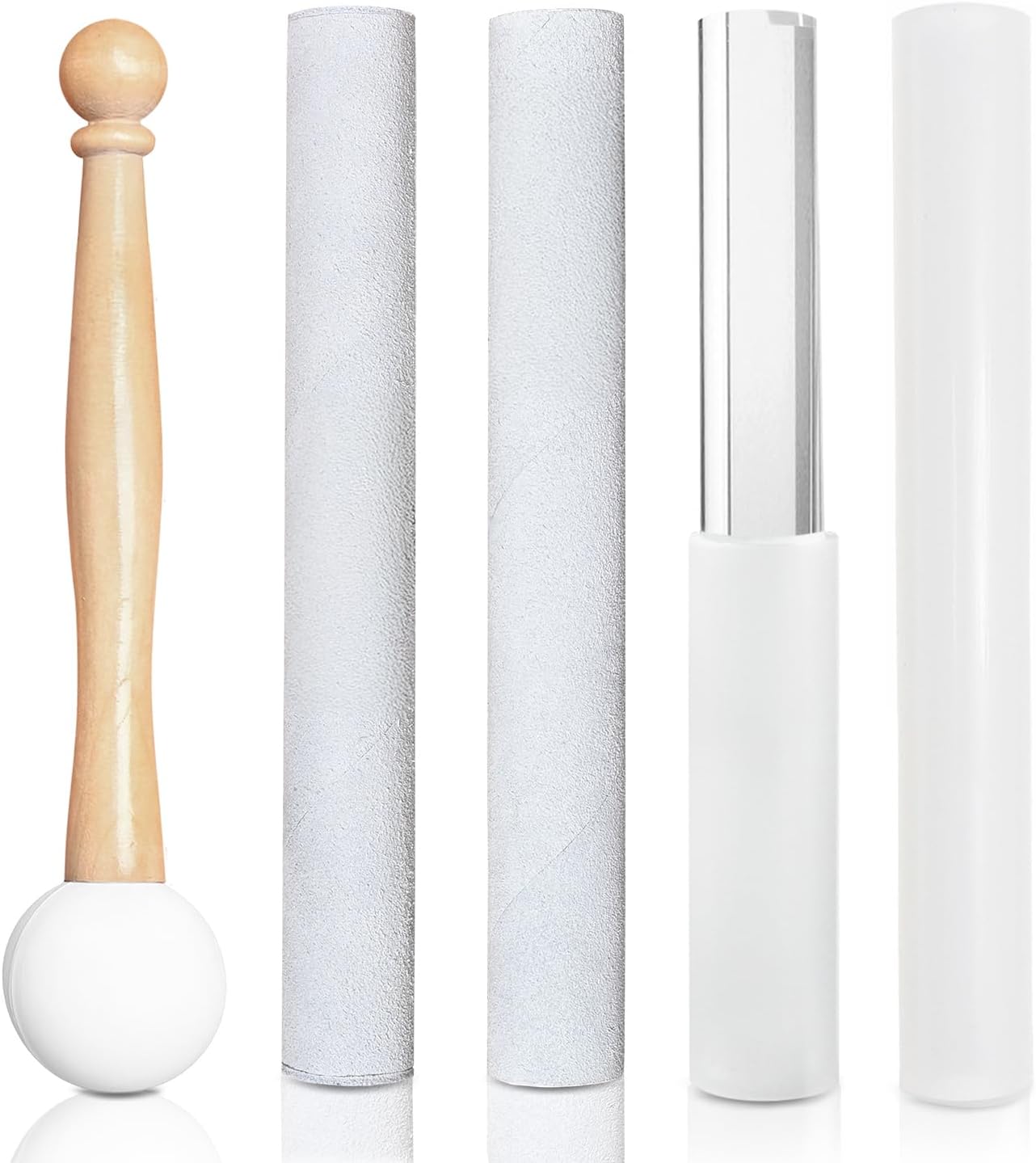 5 Pcs Singing Bowl Mallet Set, Rubber Mallet with Wooden Handle, Acrylic Silicone Rubber Mallet Striker, Handmade Thick Suede Sheepskin Striker for Playing Quartz Crystal Singing Bowls(White)