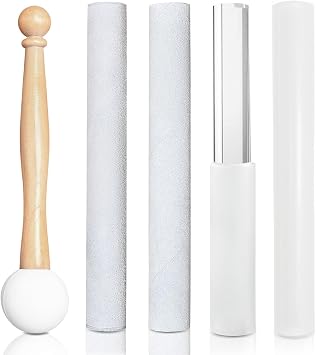 5 Pcs Singing Bowl Mallet Set, Rubber Mallet with Wooden Handle, Acrylic Silicone Rubber Mallet Striker, Handmade Thick Suede Sheepskin Striker for Playing Quartz Crystal Singing BowlsWhite