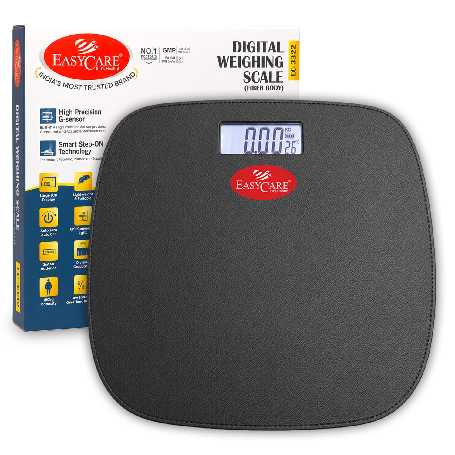 EASYCARE EC3322 Digital Weighing Scale for Body Weight | Fiber Body with Leather-Texture Surface | 180 kg Capacity | 50 g Graduation | Auto-Off | kg/lb/st | Black-image-20