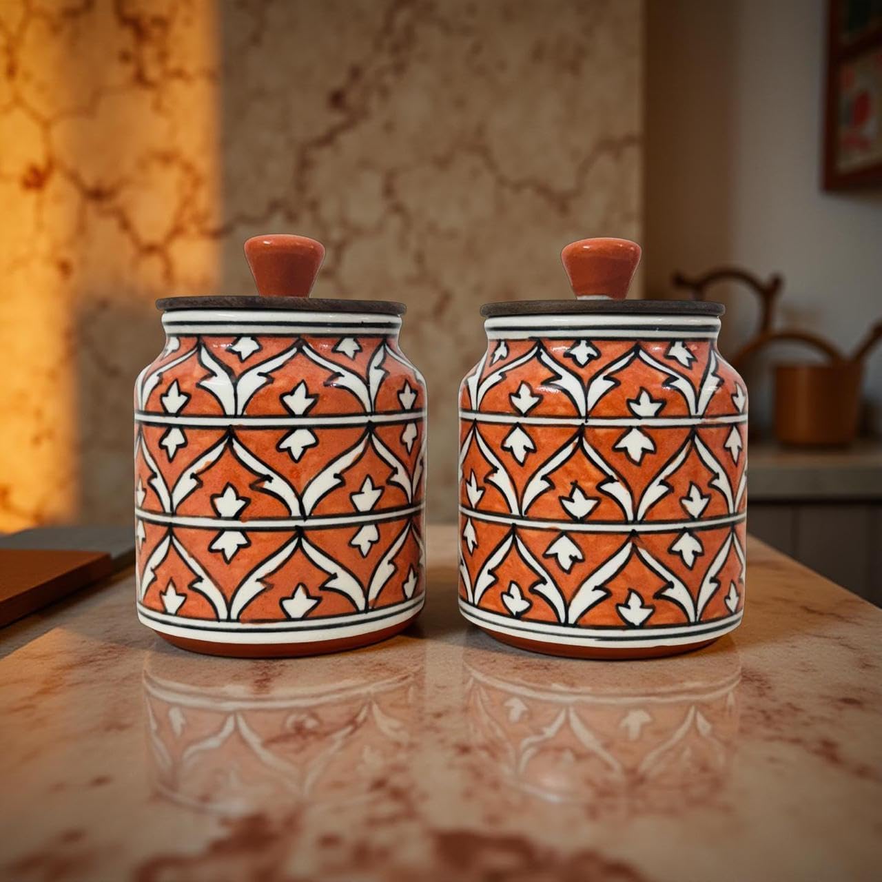 Lupaava Handcrafted Ceramic Storage Jars, Orange and White Moroccan Pattern, Decorative Kitchen Canisters with Lids, Set of 2