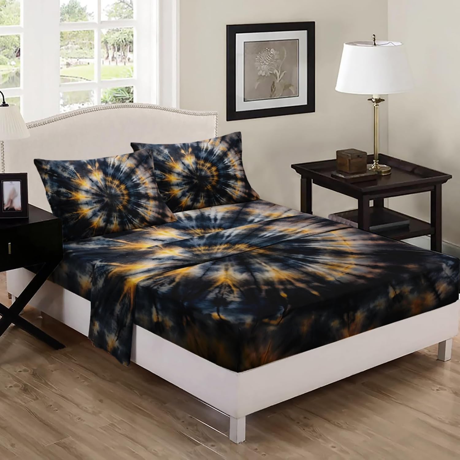 Nttopship Dark Tie Dye 4 Pieces Bed Sheet Sets Queen Size Abstract Bedding Sets with 16" Deep Pockets Tie Dye Bedroom Decor,Bedding Set 4 PCS(1 Fitted+1 Flat+2 Pillowcases)