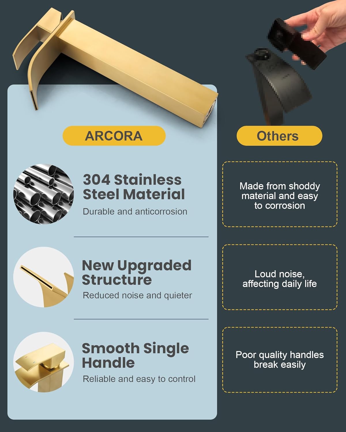 Vessel Sink Faucet Brushed Gold: ARCORA Single Hole Tall Bathroom Faucet, Single Handle Tall Waterfall Bathroom Faucet with Pop Up Drain and cUPC Supply Lines - Image 3