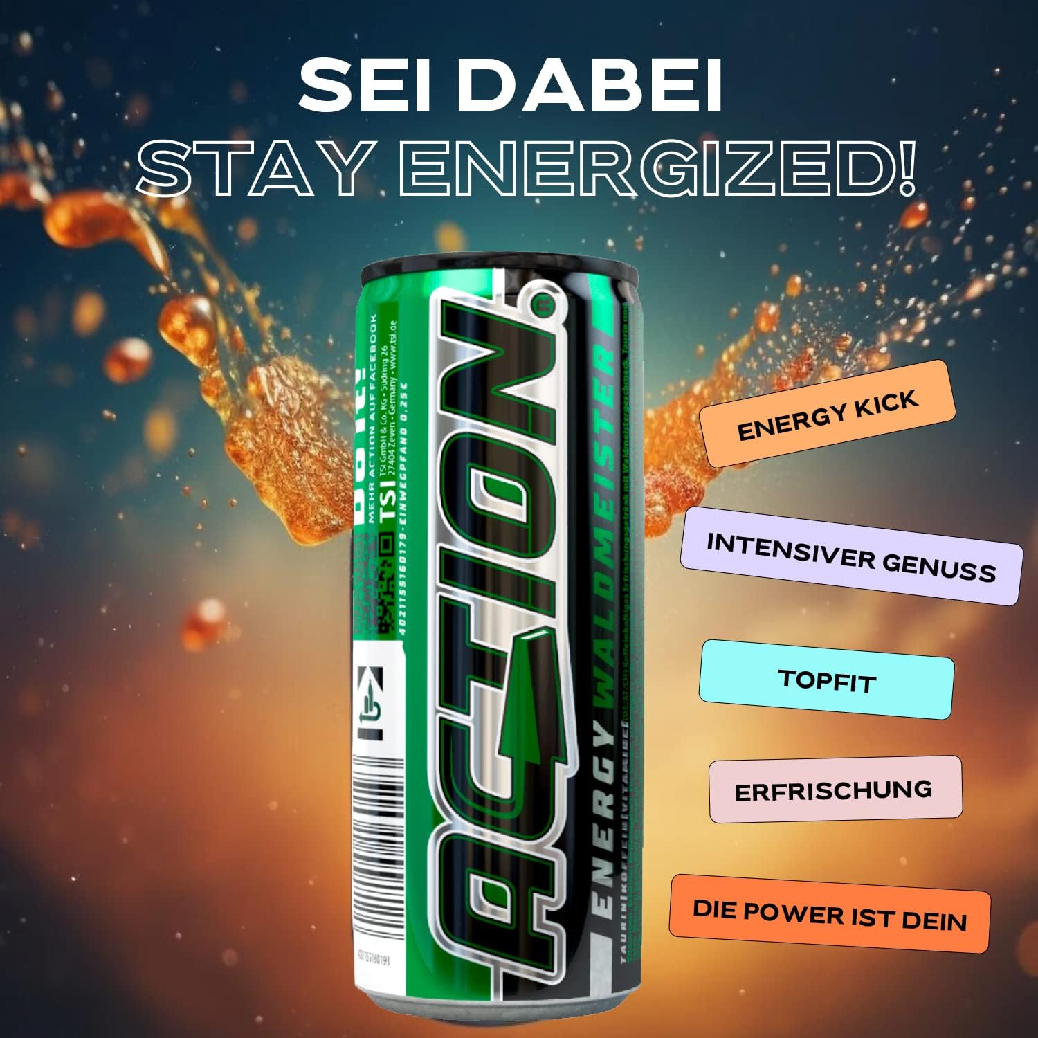 ACT!ON Action Energy Drink Waldmeister (48 x 250 ml) incluye depósito – Refresco con sabor a madera – patata energética con mayor contenido de cafeína 32 mg/100 ml de cafeína para mejorar el enfoque