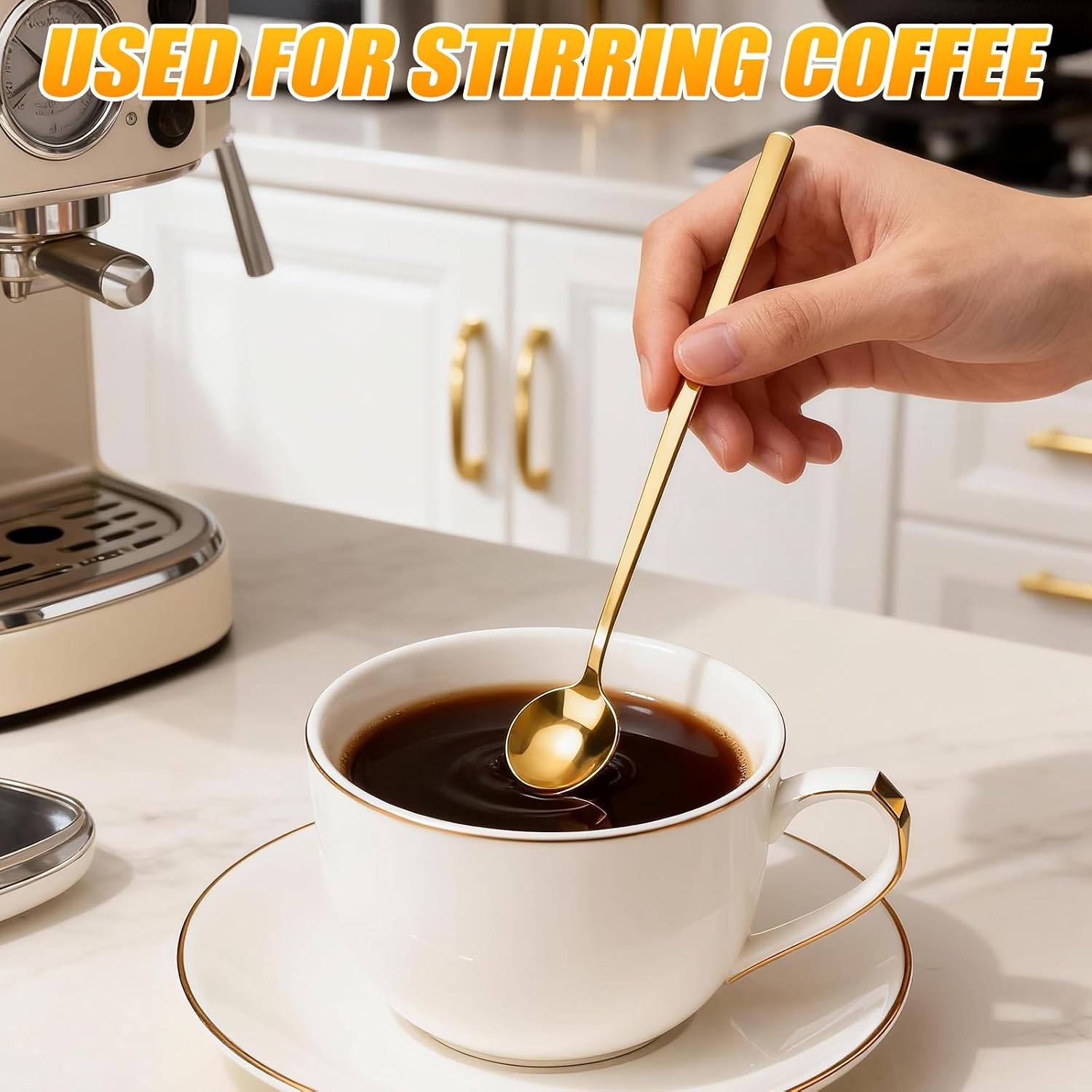 6 PCS Gold Coffee/Tea Spoon Set, 6.7 Inches Long Handle 304 Stainless Steel Espresso Spoon, Ice Tea Stirring Utensil, Durable Coffee Bar Accessory for Home and Café